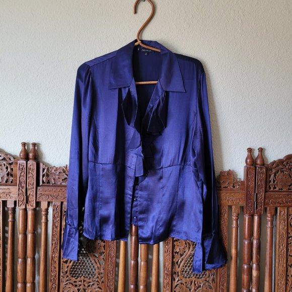 Anne Klein AK Dark Purple Ruffled Silk Fitted Button Down Blouse - As Is - Picture 1 of 12